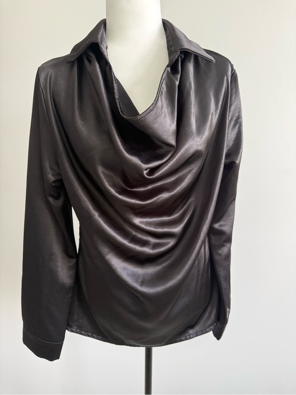 Satin Draped Cowl Neck Blouse - Black